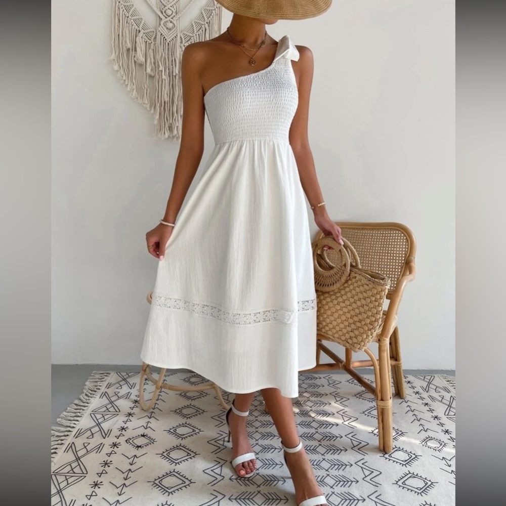 Boho tie one shoulder shoulder shirred lace insert dress